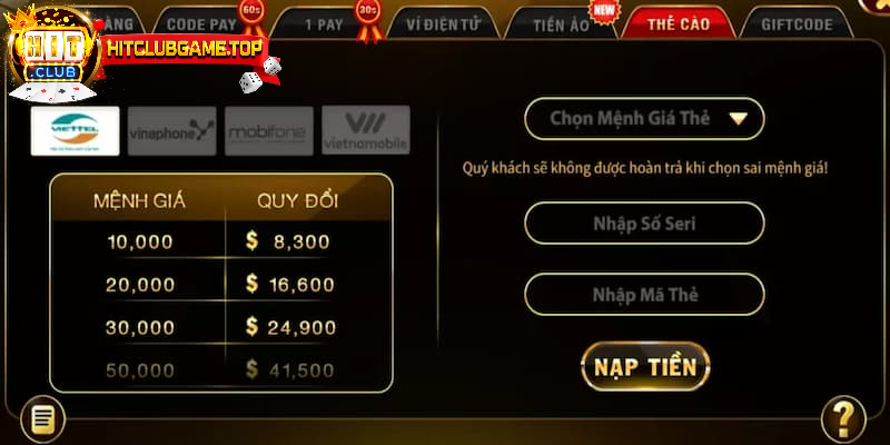 Nạp tiền HITCLUB bằng thẻ cào 